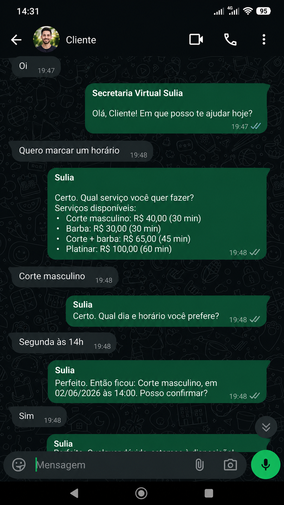 Print do WhatsApp com a Sulia atendendo um cliente